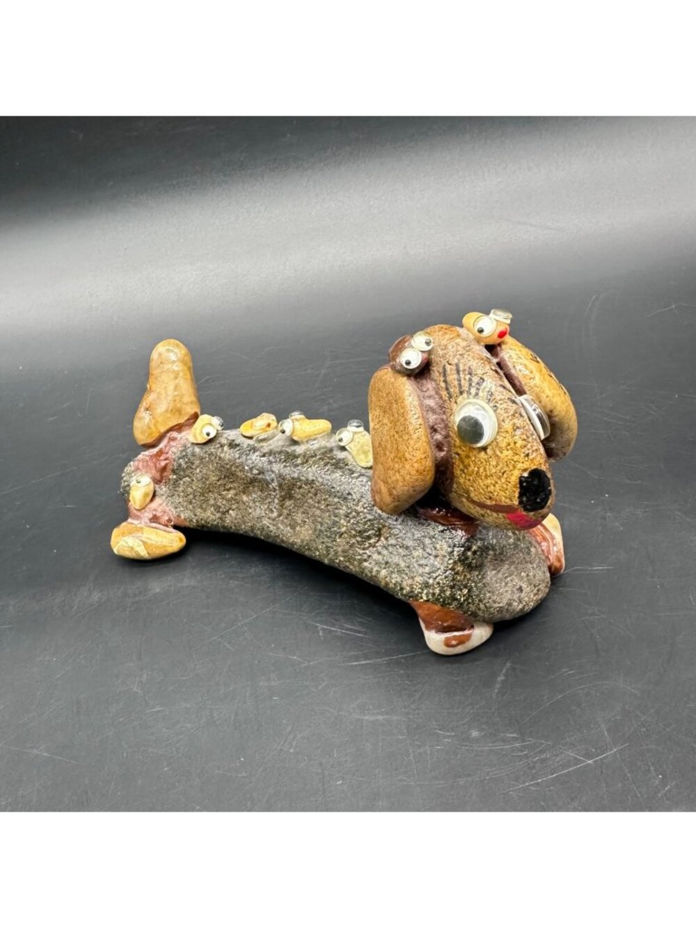 Vintage Rock Dachshund Figurine Wiener Dog Googly Eyes Kitschy Derpy Handmade